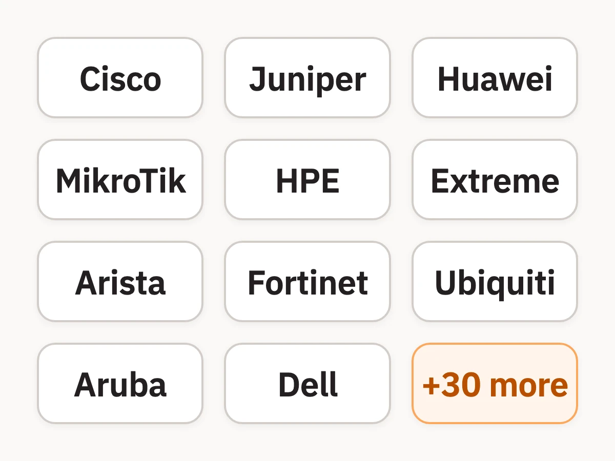 Grid of supported vendors: Cisco, Juniper, Huawei, MikroTik, HPE, Extreme, Arista, Fortinet, Ubiquiti, Aruba, Dell and 30 more
